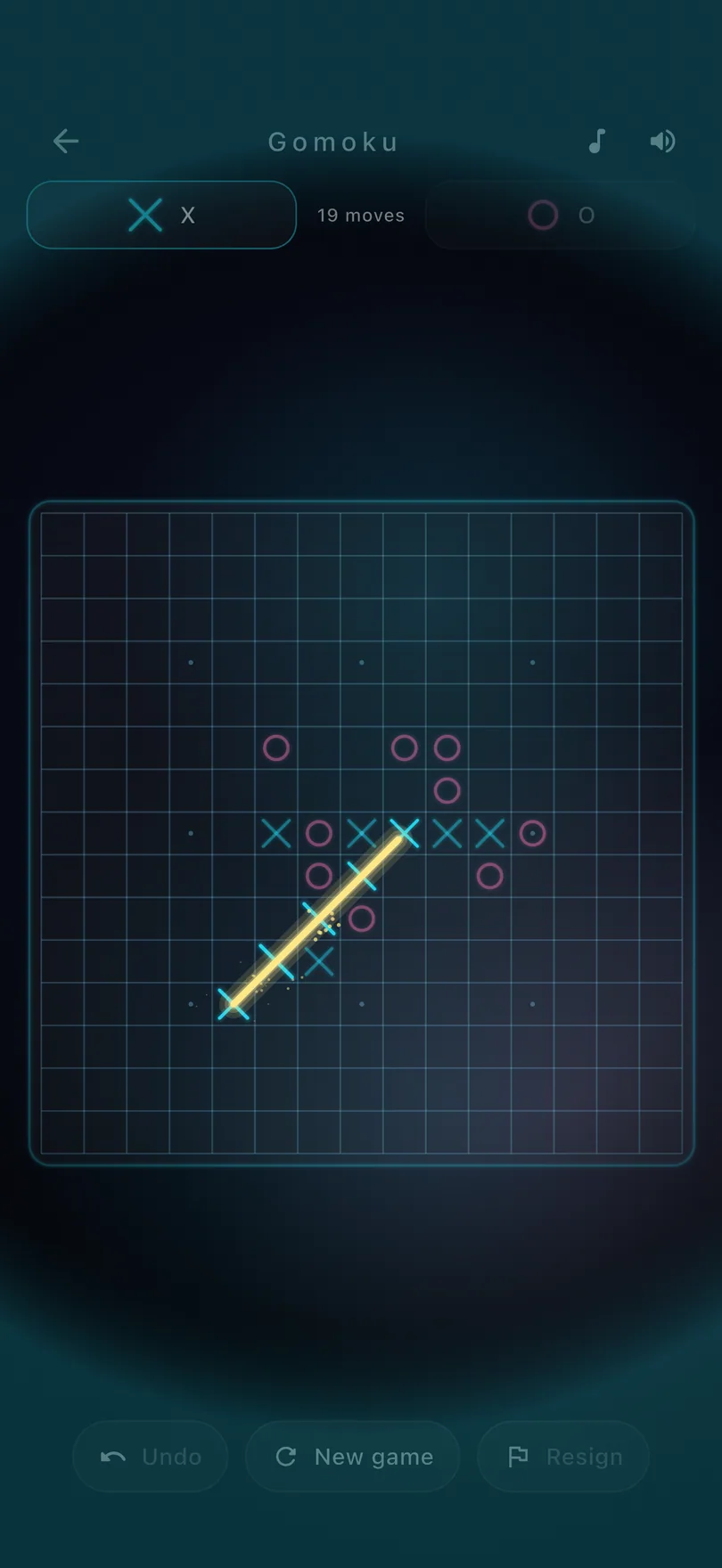 The Gomoku app showing a won game on the Neon Ink board